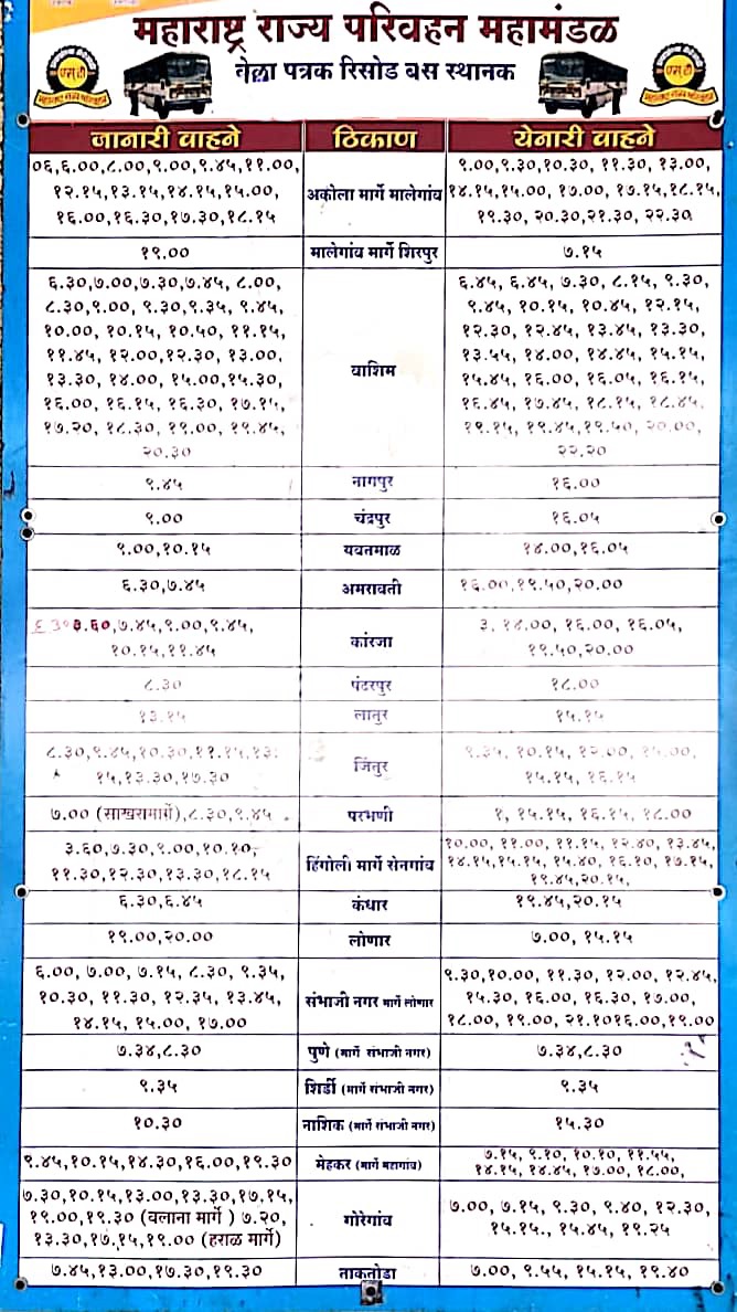 risod bus stand time table